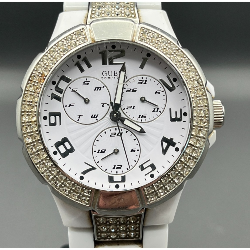 Guess Prism Boyfriend Watch U11622L3 White on White Rhinestone Bezel Multi Dial